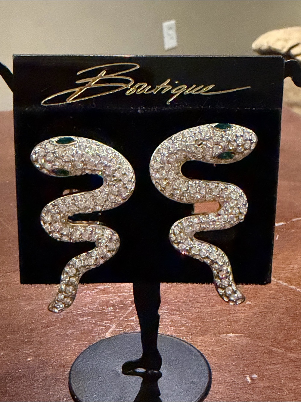 Vintage Signed Carre’ Pavé Crystal Rhinestone Snake Clip On Earrings Green Eyes